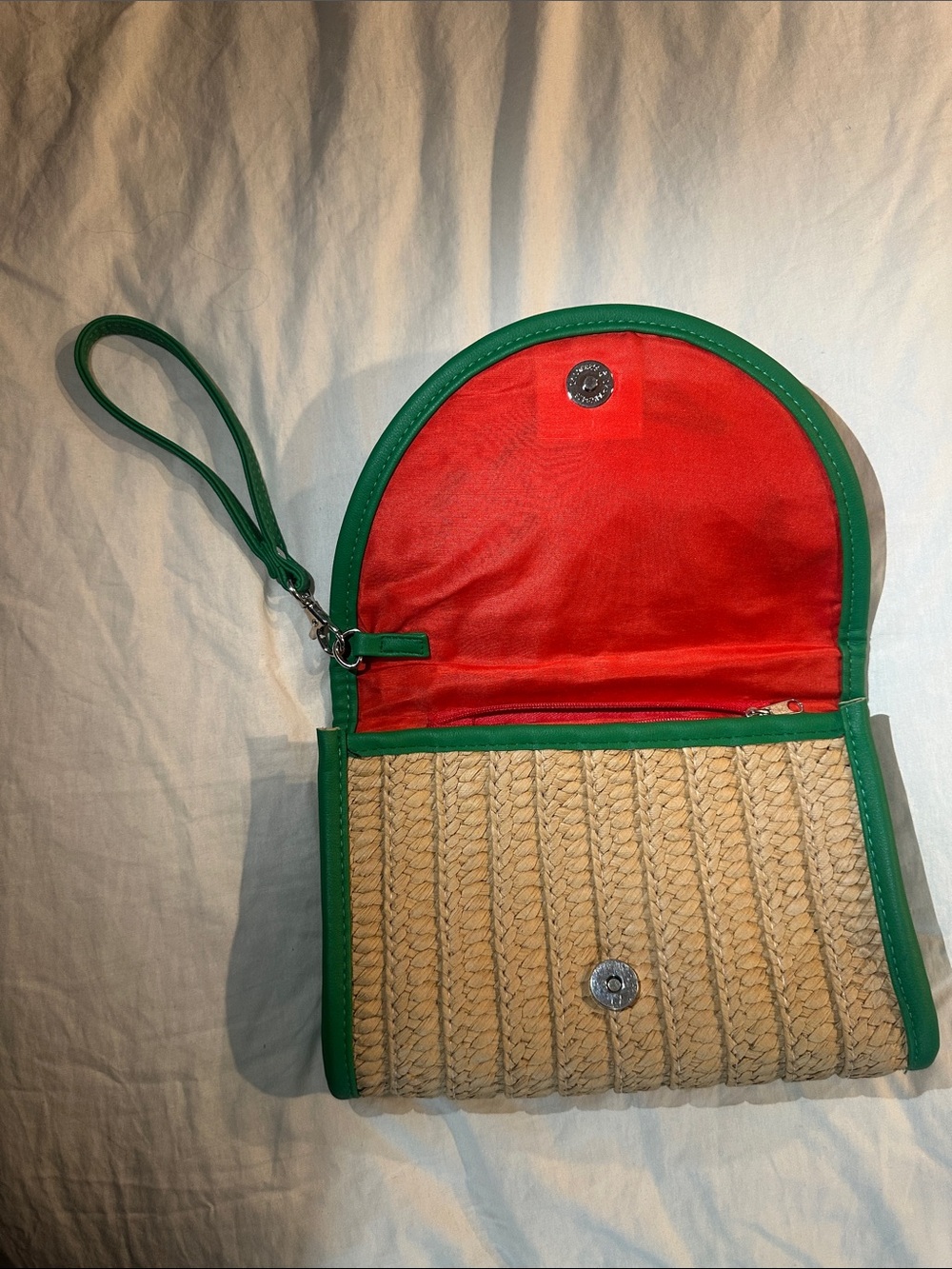 Woven Straw Clutch with Coral and Green Trim - Picture 2 of 3